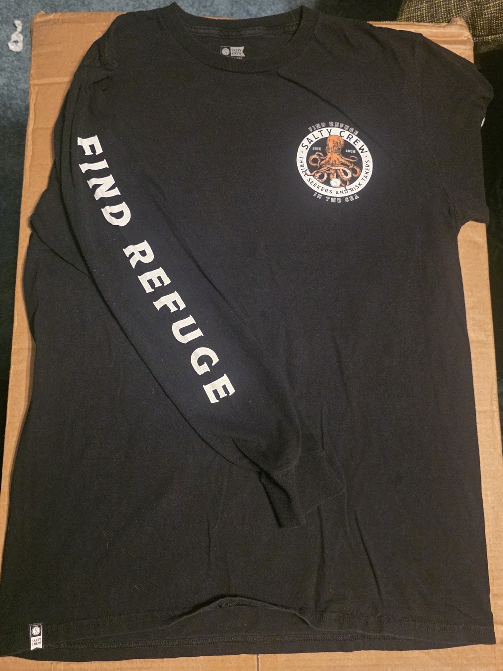 Salty Crew Black Long Sleeve Tee with Orange Octopus Chest Logo